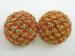 Orange Rhinestones & Gold Tone Button Clip Earrings